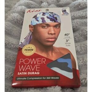 Kiss Power Wave Satin Durag Blue Camo DH54 40 Inch Long Tails 360 Waves NEW